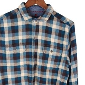 Woolrich Shirt Mens Large Blue Brown Plaid Flannel‎ 100% Cotton Button Front